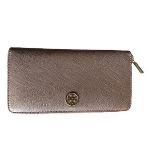 Tory Burch Robinson Continental Large Accordion Zip Wallet Rose Gold Shiny